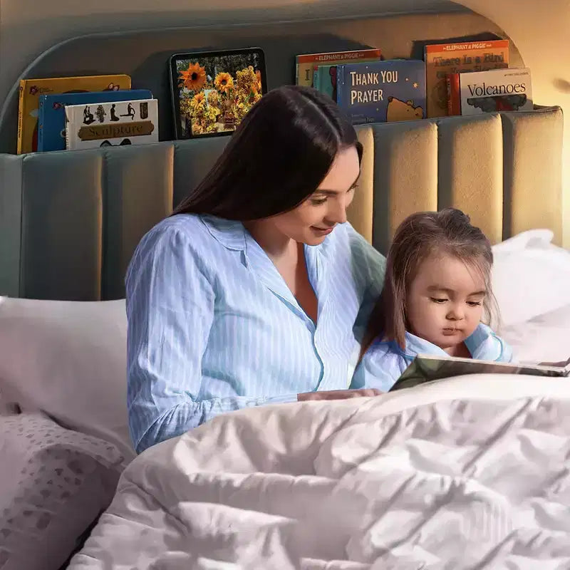 Telaio letto a piattaforma imbottito beige/blu con testiera libreria, singolo