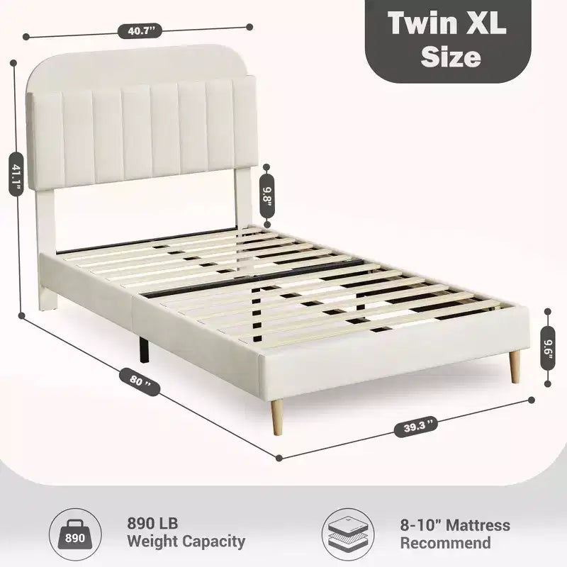 Telaio letto a piattaforma imbottito beige/blu con testiera libreria, singolo