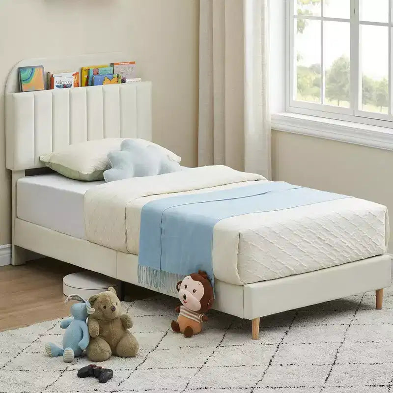 Telaio letto a piattaforma imbottito beige/blu con testiera libreria, singolo