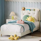 Telaio letto a piattaforma imbottito beige/blu con testiera libreria, singolo