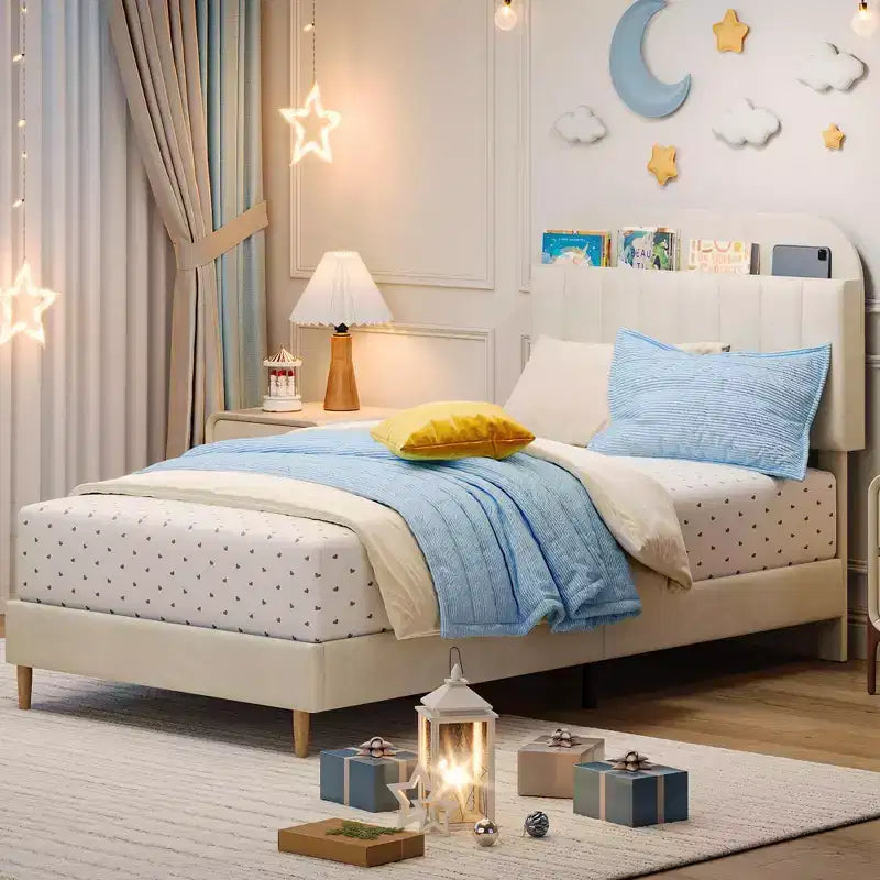Telaio letto a piattaforma imbottito beige/blu con testiera libreria, singolo