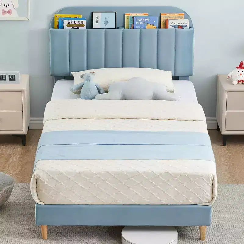 Telaio letto a piattaforma imbottito beige/blu con testiera libreria, singolo