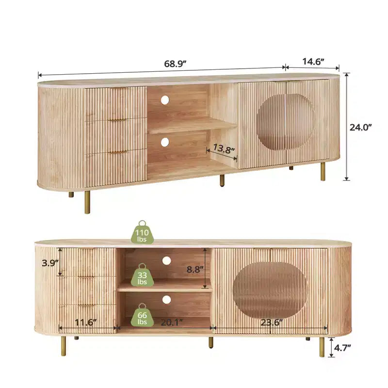 Mobile TV scanalato in rovere naturale, porta TV da 65" con ripiano effetto marmo e dettagli dorati