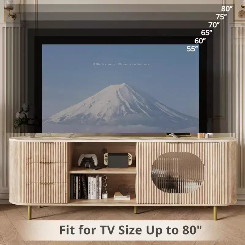 Mobile TV scanalato in rovere naturale, porta TV da 65" con ripiano effetto marmo e dettagli dorati