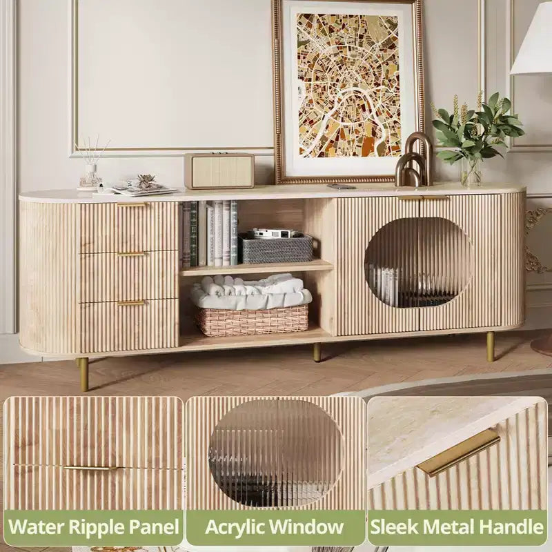 Mobile TV scanalato in rovere naturale, porta TV da 65" con ripiano effetto marmo e dettagli dorati