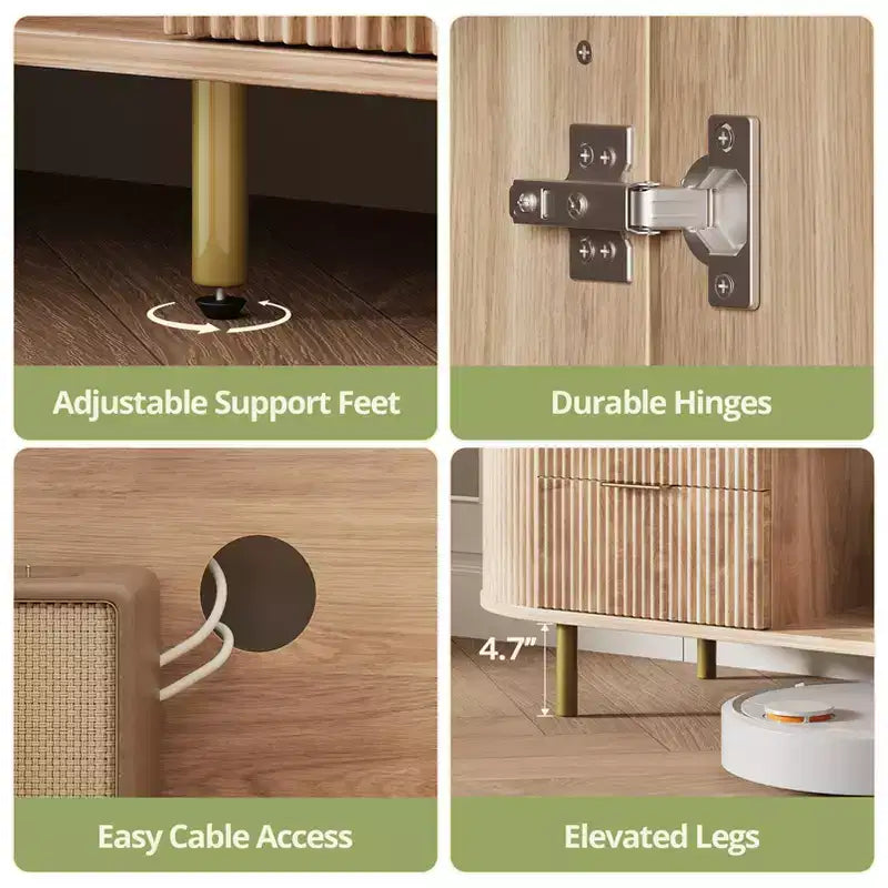 Mobile TV scanalato in rovere naturale, porta TV da 65" con ripiano effetto marmo e dettagli dorati