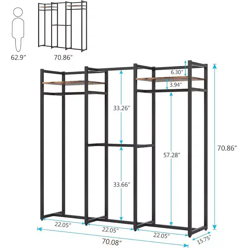 Appendiabiti Nero Autoportante con Ripiani e Aste Appendiabiti, Organizzatore per Armadio a Utente Singolo, Carico Massimo 227 kg