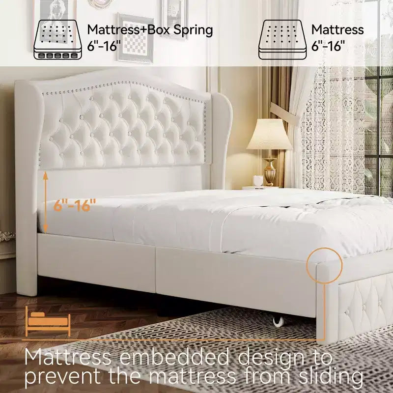 Letto a piattaforma Queen con testiera ad ali in velluto beige/dorato/grigio con 2 cassetti portaoggetti, 1 persona