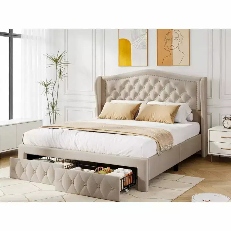 Letto a piattaforma Queen con testiera ad ali in velluto beige/dorato/grigio con 2 cassetti portaoggetti, 1 persona