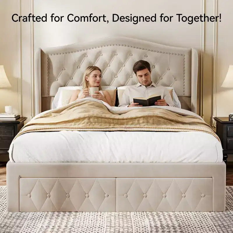 Letto a piattaforma Queen con testiera ad ali in velluto beige/dorato/grigio con 2 cassetti portaoggetti, 1 persona