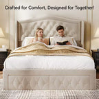 Letto a piattaforma Queen con testiera ad ali in velluto beige/dorato/grigio con 2 cassetti portaoggetti, 1 persona