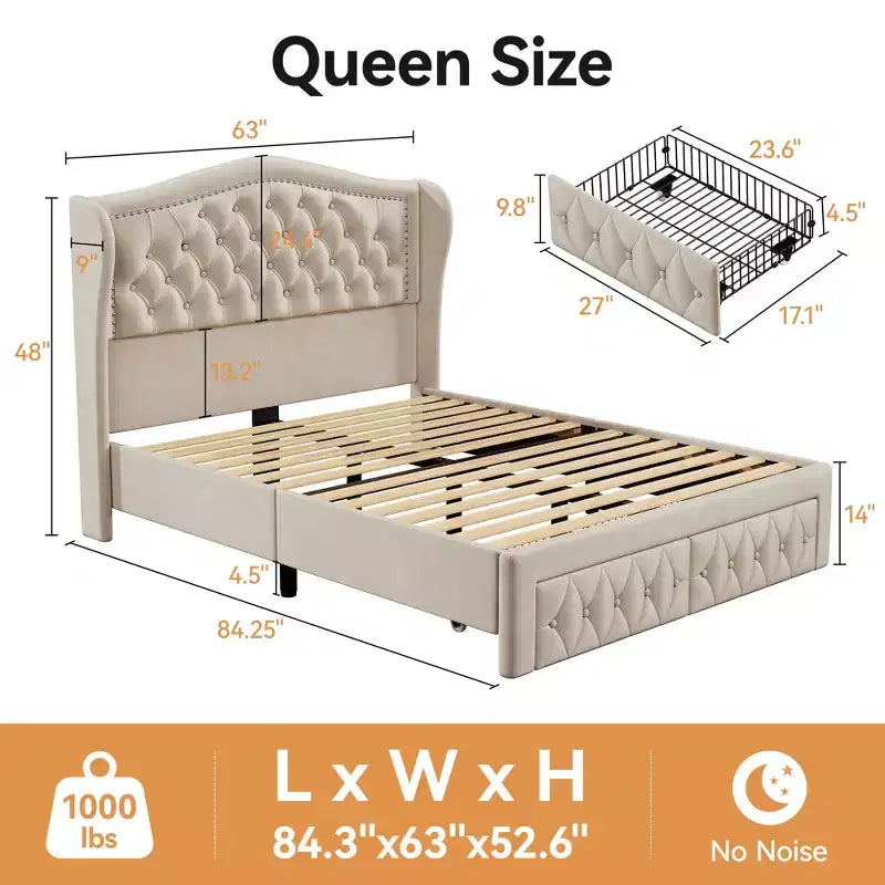 Letto a piattaforma Queen con testiera ad ali in velluto beige/dorato/grigio con 2 cassetti portaoggetti, 1 persona