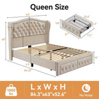 Letto a piattaforma Queen con testiera ad ali in velluto beige/dorato/grigio con 2 cassetti portaoggetti, 1 persona