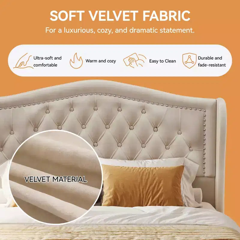 Letto a piattaforma Queen con testiera ad ali in velluto beige/dorato/grigio con 2 cassetti portaoggetti, 1 persona