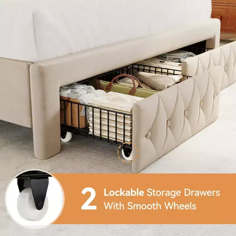 Letto a piattaforma Queen con testiera ad ali in velluto beige/dorato/grigio con 2 cassetti portaoggetti, 1 persona