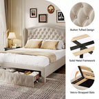 Letto a piattaforma Queen con testiera ad ali in velluto beige/dorato/grigio con 2 cassetti portaoggetti, 1 persona