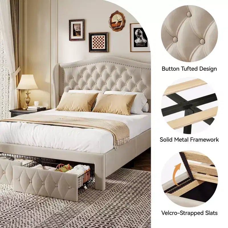 Letto a piattaforma Queen con testiera ad ali in velluto beige/dorato/grigio con 2 cassetti portaoggetti, 1 persona