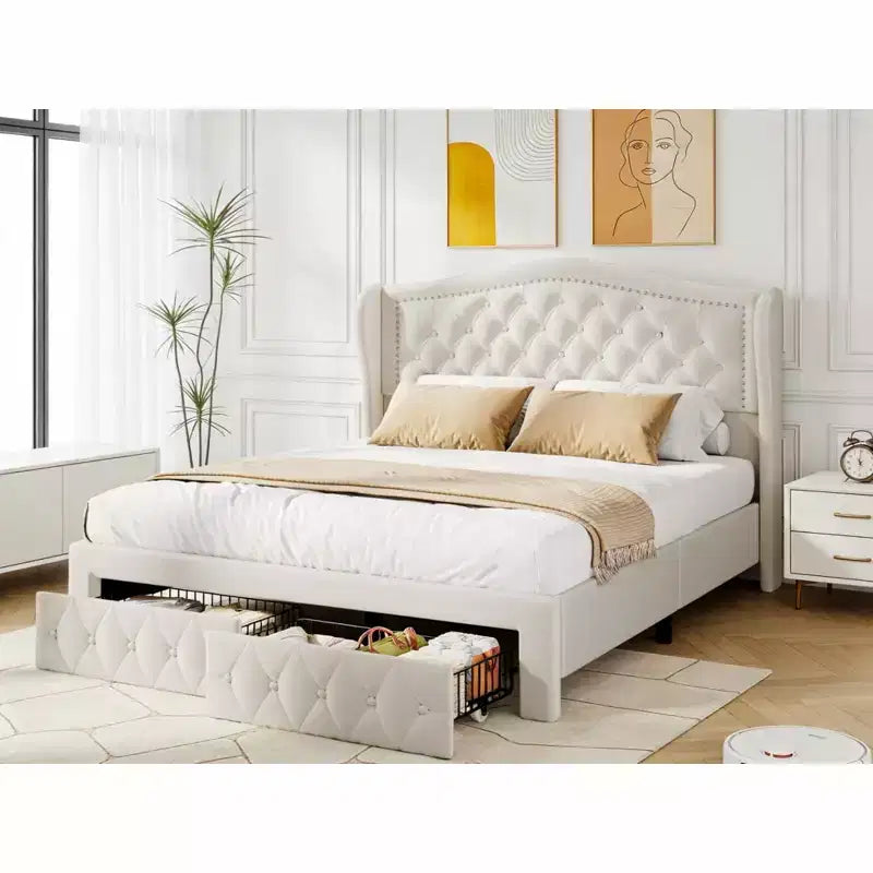 Letto a piattaforma Queen con testiera ad ali in velluto beige/dorato/grigio con 2 cassetti portaoggetti, 1 persona