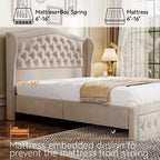 Letto a piattaforma Queen con testiera ad ali in velluto beige/dorato/grigio con 2 cassetti portaoggetti, 1 persona