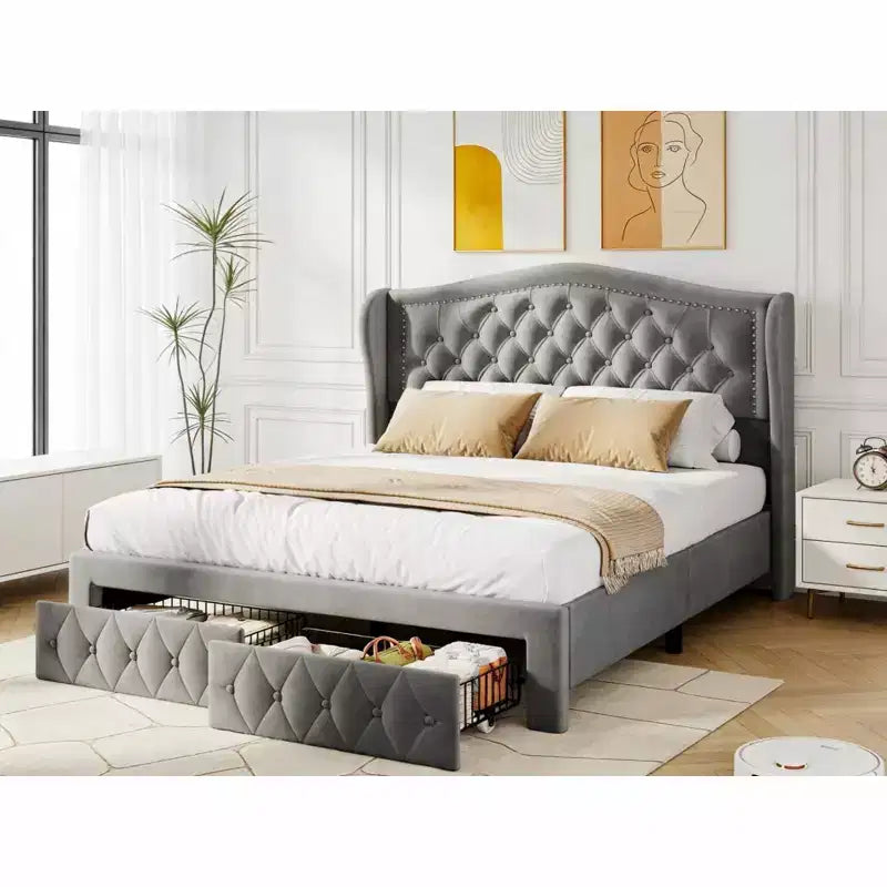 Letto a piattaforma Queen con testiera ad ali in velluto beige/dorato/grigio con 2 cassetti portaoggetti, 1 persona