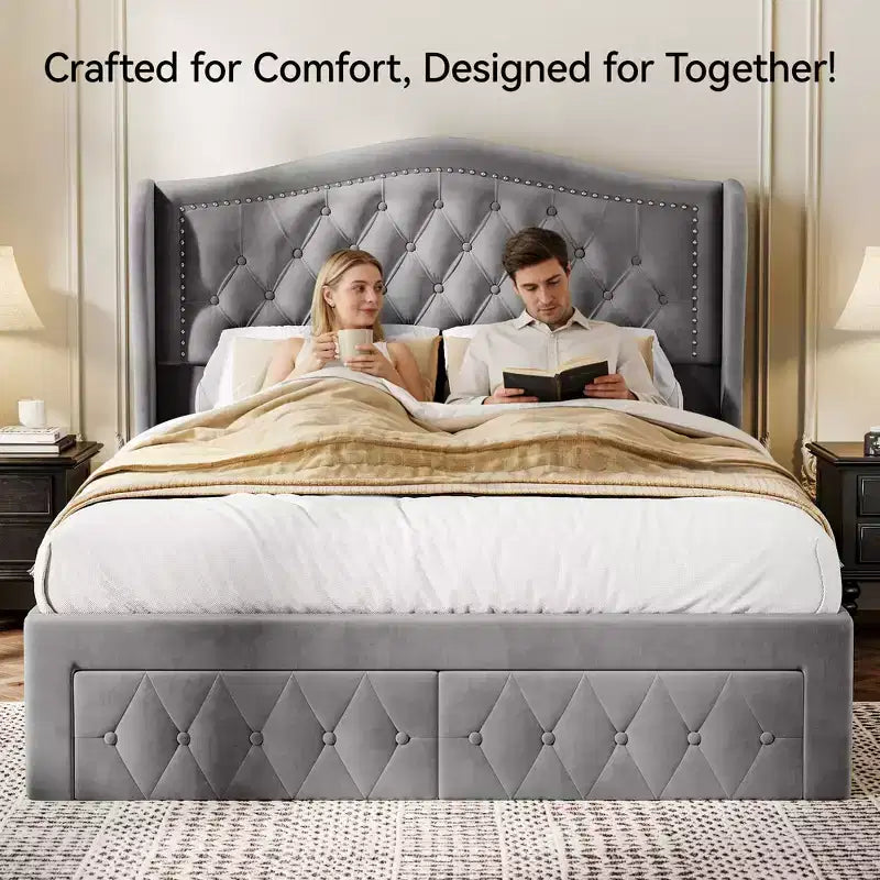 Letto a piattaforma Queen con testiera ad ali in velluto beige/dorato/grigio con 2 cassetti portaoggetti, 1 persona