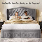 Letto a piattaforma Queen con testiera ad ali in velluto beige/dorato/grigio con 2 cassetti portaoggetti, 1 persona