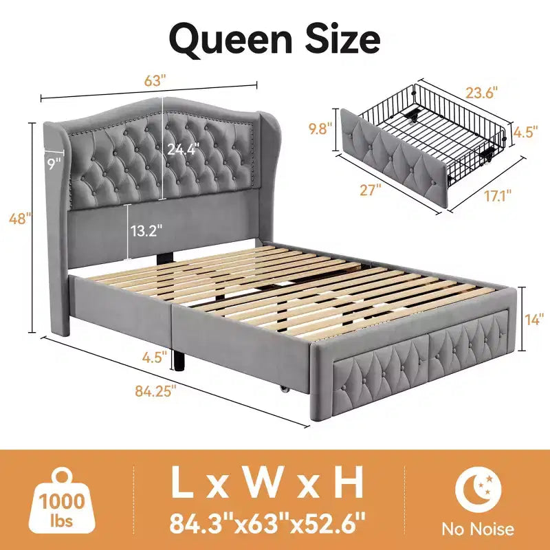 Letto a piattaforma Queen con testiera ad ali in velluto beige/dorato/grigio con 2 cassetti portaoggetti, 1 persona