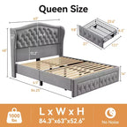 Letto a piattaforma Queen con testiera ad ali in velluto beige/dorato/grigio con 2 cassetti portaoggetti, 1 persona