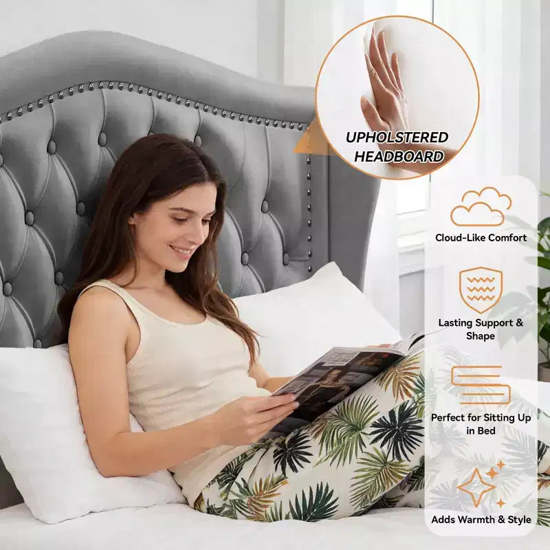 Letto a piattaforma Queen con testiera ad ali in velluto beige/dorato/grigio con 2 cassetti portaoggetti, 1 persona