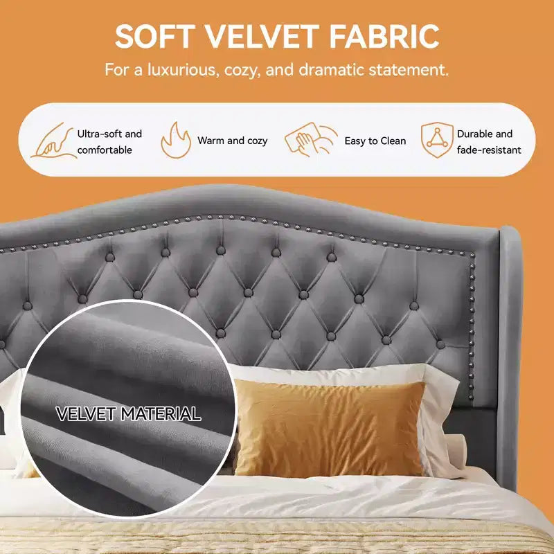 Letto a piattaforma Queen con testiera ad ali in velluto beige/dorato/grigio con 2 cassetti portaoggetti, 1 persona