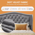 Letto a piattaforma Queen con testiera ad ali in velluto beige/dorato/grigio con 2 cassetti portaoggetti, 1 persona