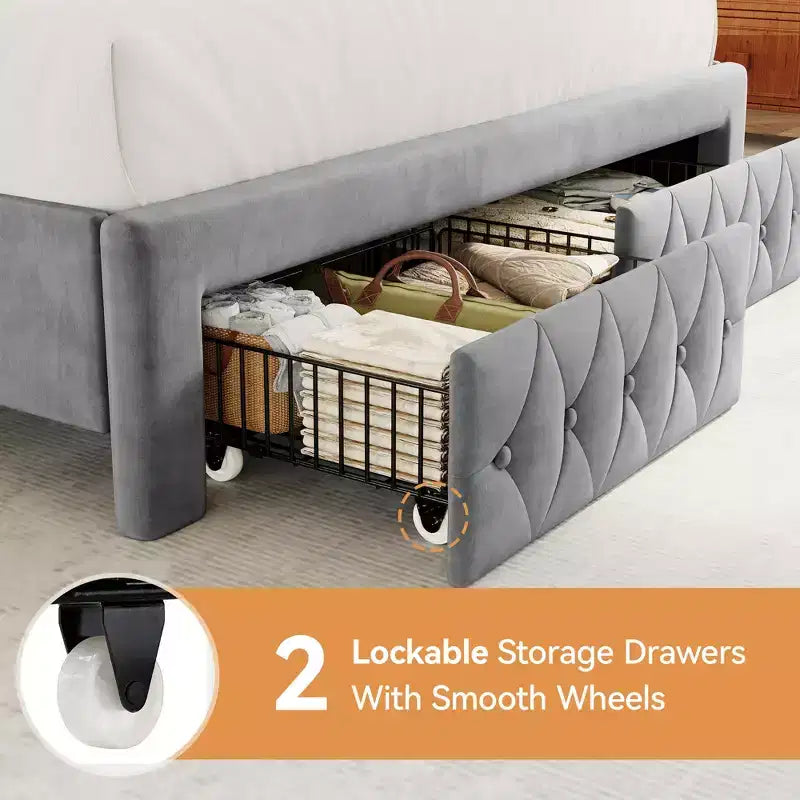 Letto a piattaforma Queen con testiera ad ali in velluto beige/dorato/grigio con 2 cassetti portaoggetti, 1 persona