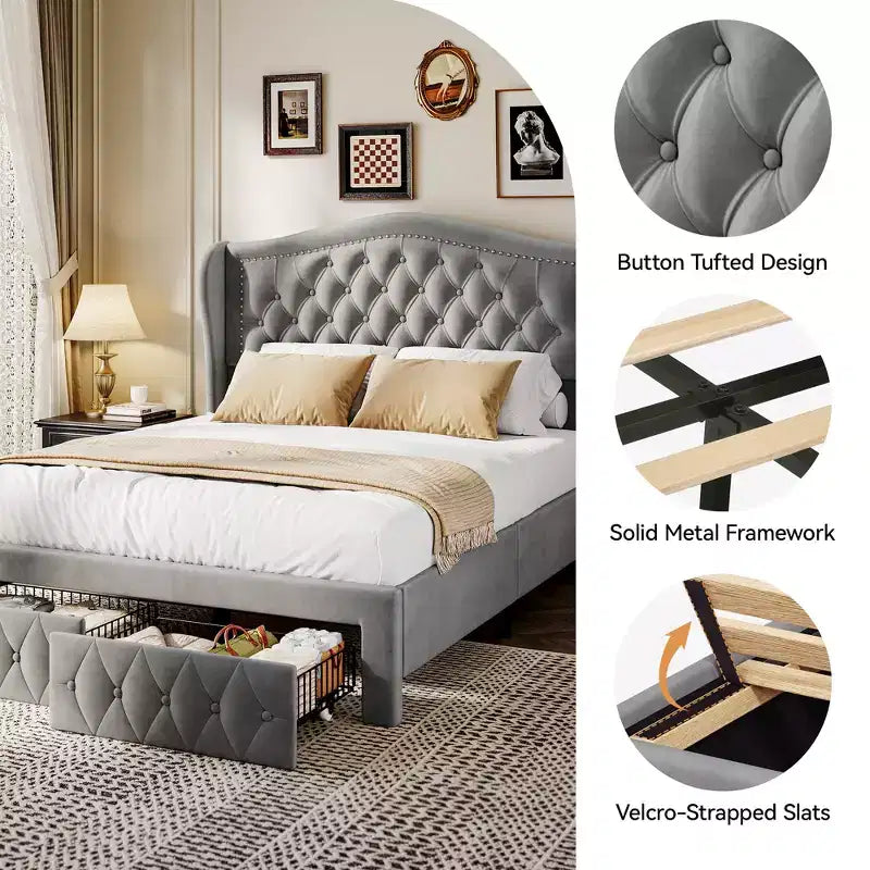 Letto a piattaforma Queen con testiera ad ali in velluto beige/dorato/grigio con 2 cassetti portaoggetti, 1 persona