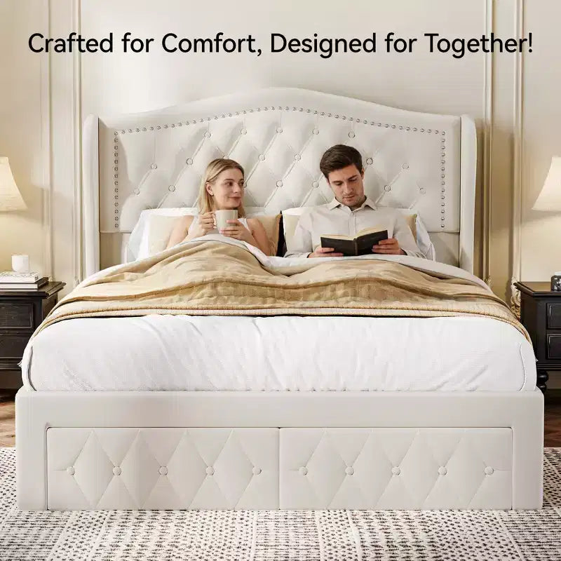 Letto a piattaforma Queen con testiera ad ali in velluto beige/dorato/grigio con 2 cassetti portaoggetti, 1 persona
