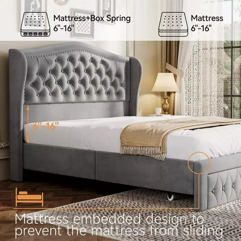 Letto a piattaforma Queen con testiera ad ali in velluto beige/dorato/grigio con 2 cassetti portaoggetti, 1 persona