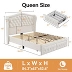 Letto a piattaforma Queen con testiera ad ali in velluto beige/dorato/grigio con 2 cassetti portaoggetti, 1 persona