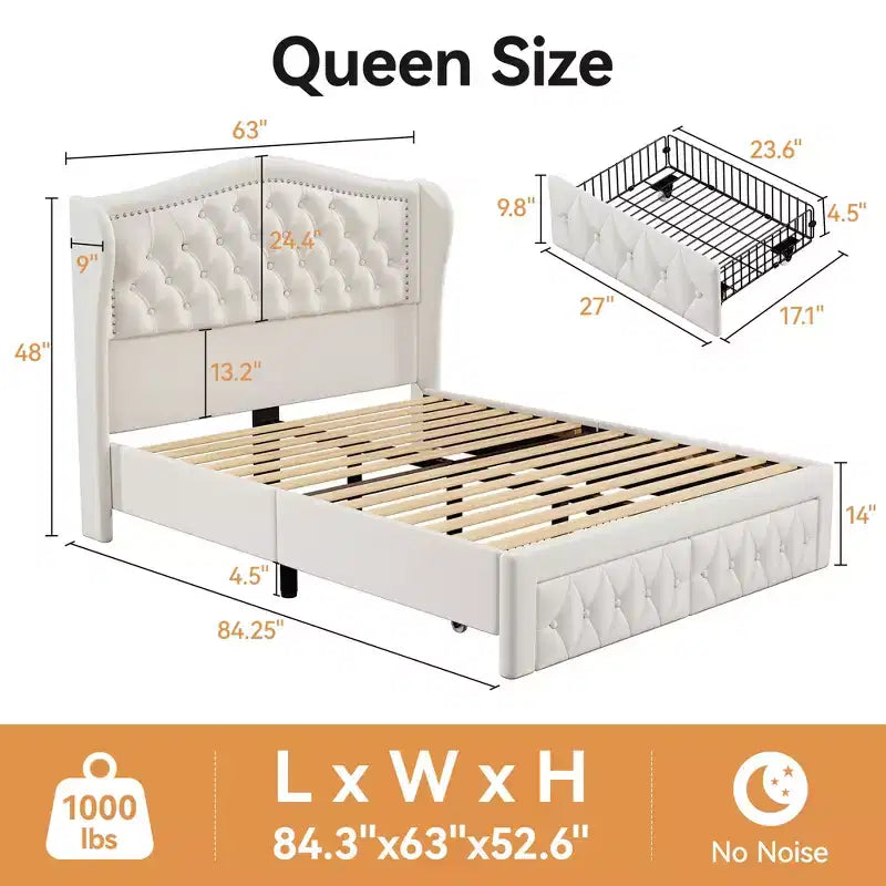 Letto a piattaforma Queen con testiera ad ali in velluto beige/dorato/grigio con 2 cassetti portaoggetti, 1 persona