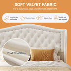 Letto a piattaforma Queen con testiera ad ali in velluto beige/dorato/grigio con 2 cassetti portaoggetti, 1 persona