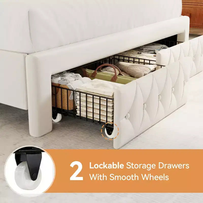 Letto a piattaforma Queen con testiera ad ali in velluto beige/dorato/grigio con 2 cassetti portaoggetti, 1 persona