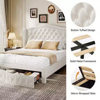 Letto a piattaforma Queen con testiera ad ali in velluto beige/dorato/grigio con 2 cassetti portaoggetti, 1 persona