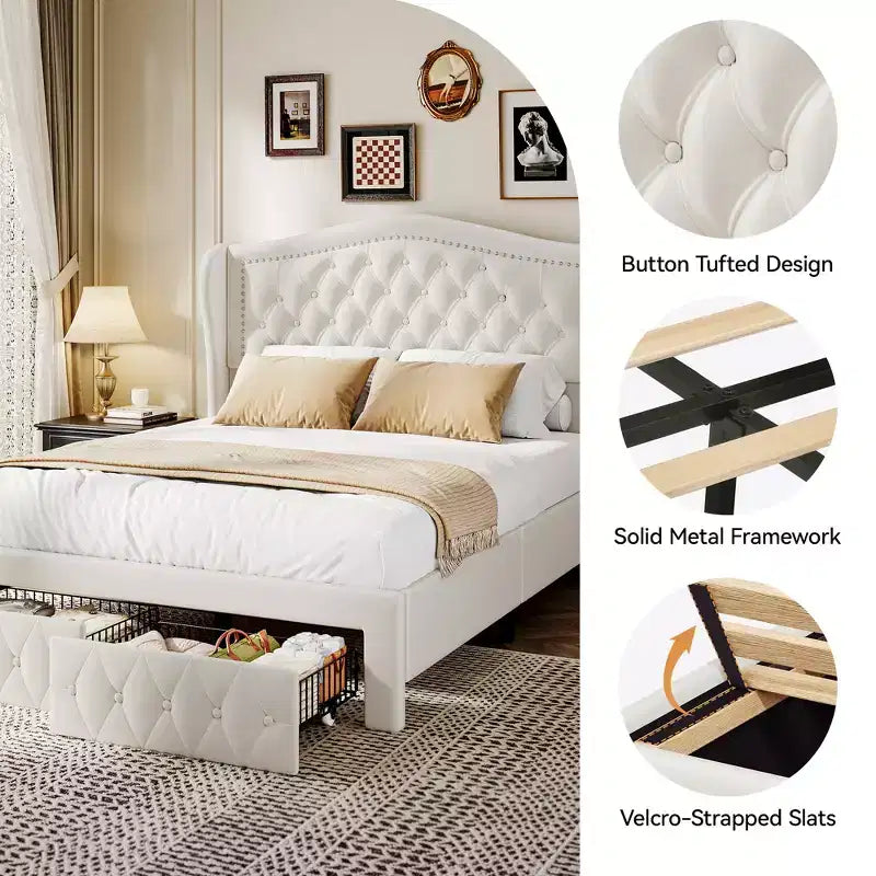 Letto a piattaforma Queen con testiera ad ali in velluto beige/dorato/grigio con 2 cassetti portaoggetti, 1 persona