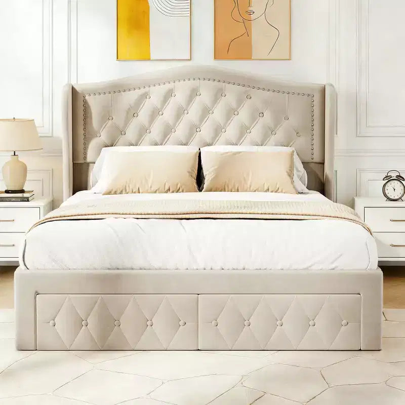 Letto a piattaforma Queen con testiera ad ali in velluto beige/dorato/grigio con 2 cassetti portaoggetti, 1 persona