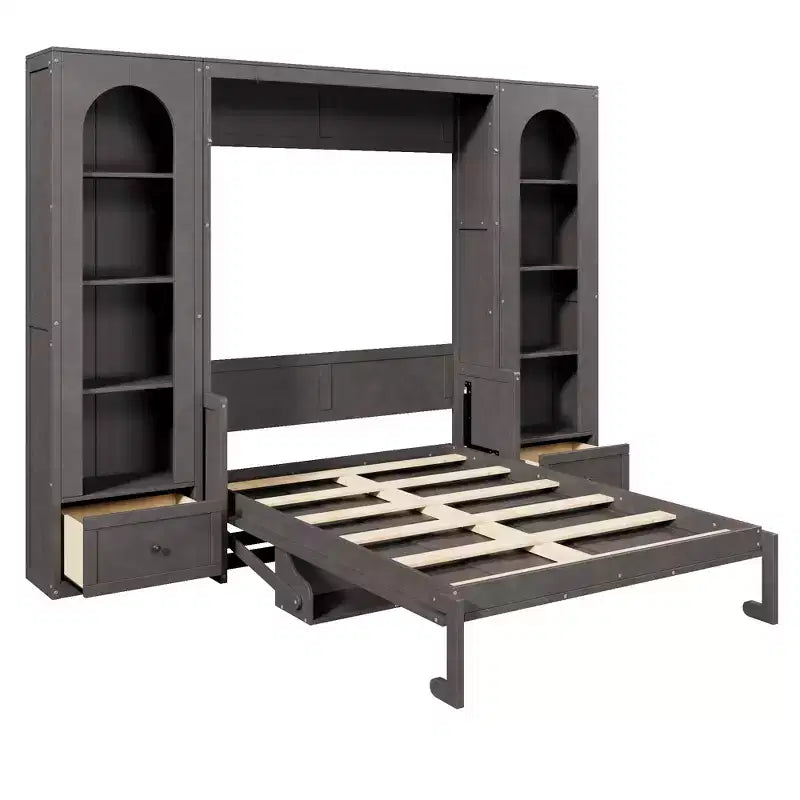 Letto a muro Murphy grigio Queen con armadietti laterali, luci LED e contenitore – 1 Persona