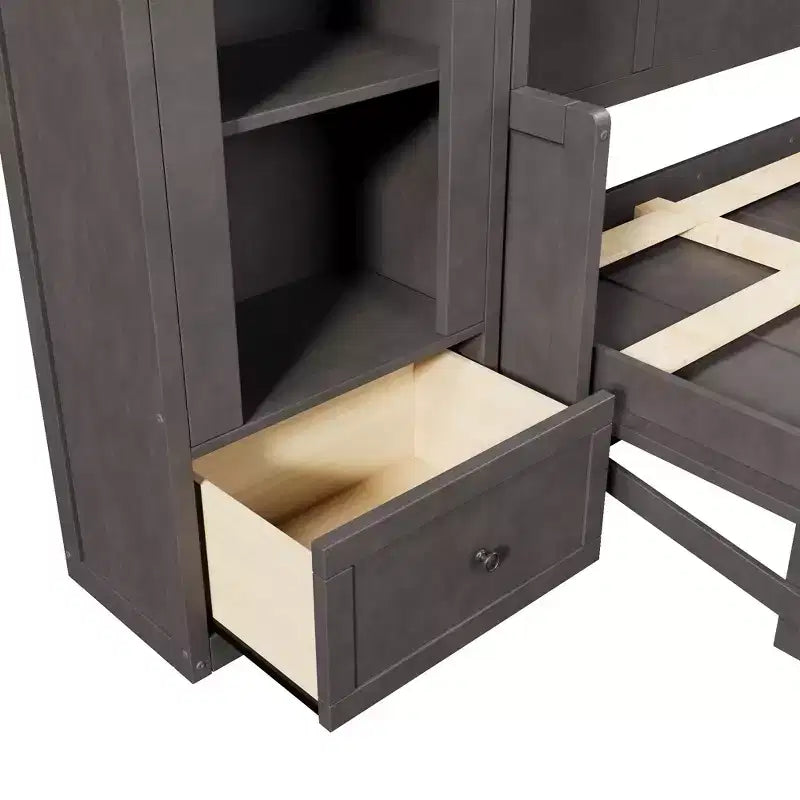 Letto a muro Murphy grigio Queen con armadietti laterali, luci LED e contenitore – 1 Persona