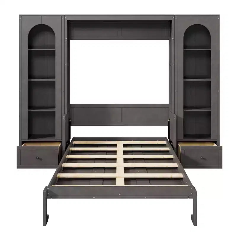 Letto a muro Murphy grigio Queen con armadietti laterali, luci LED e contenitore – 1 Persona