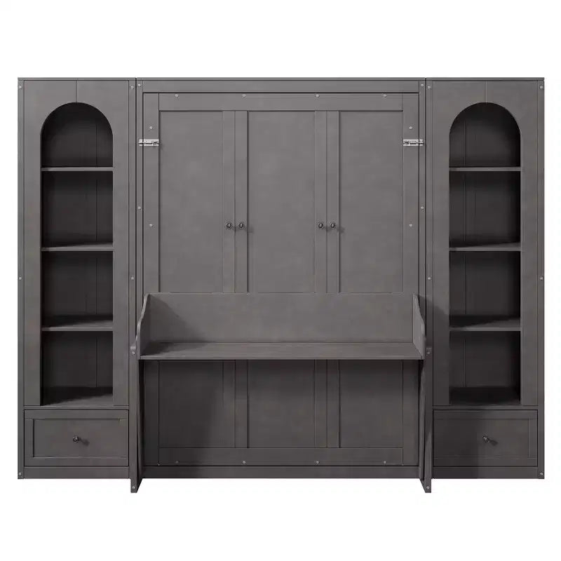 Letto a muro Murphy grigio Queen con armadietti laterali, luci LED e contenitore – 1 Persona