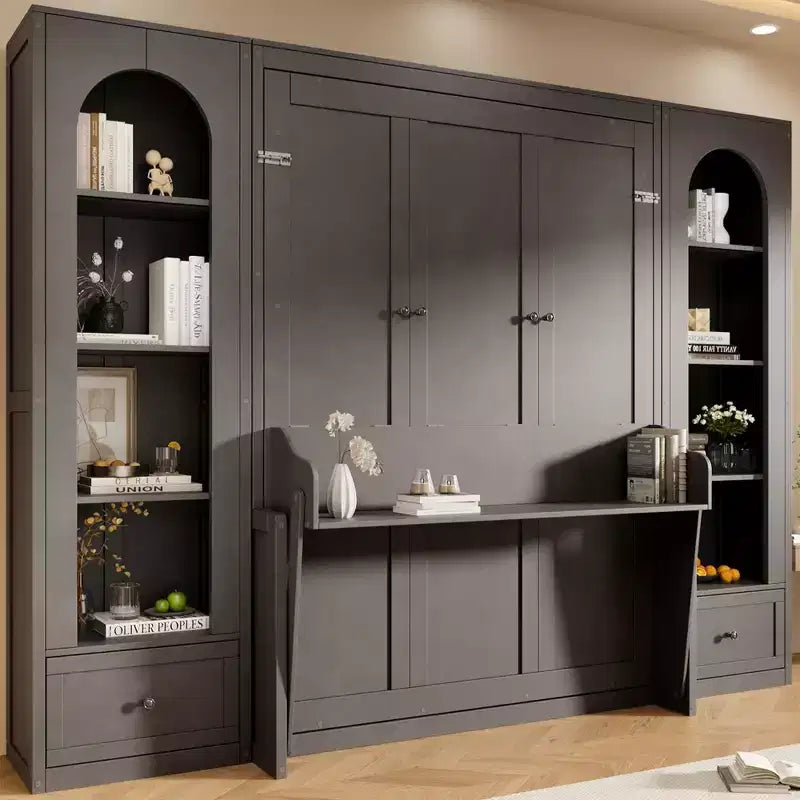 Letto a muro Murphy grigio Queen con armadietti laterali, luci LED e contenitore – 1 Persona