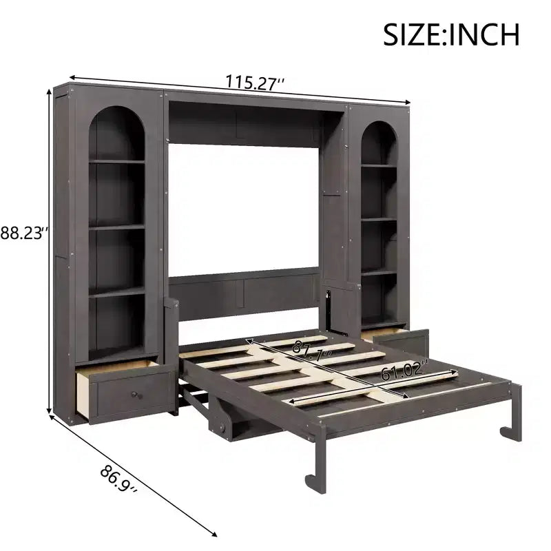 Letto a muro Murphy grigio Queen con armadietti laterali, luci LED e contenitore – 1 Persona