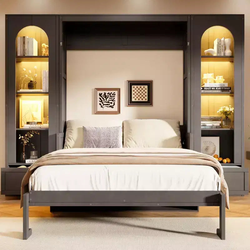 Letto a muro Murphy grigio Queen con armadietti laterali, luci LED e contenitore – 1 Persona