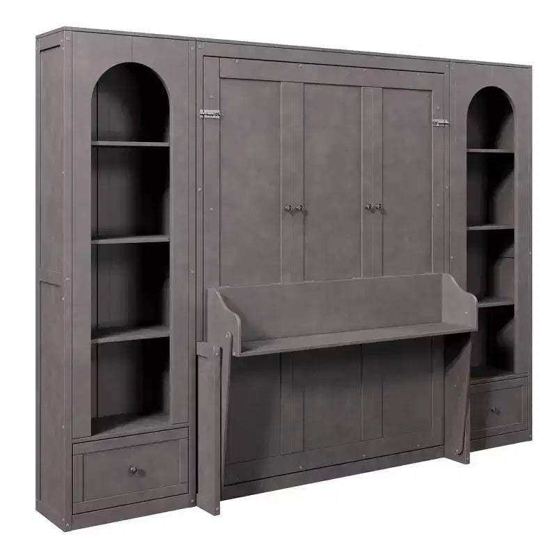 Letto a muro Murphy grigio Queen con armadietti laterali, luci LED e contenitore – 1 Persona